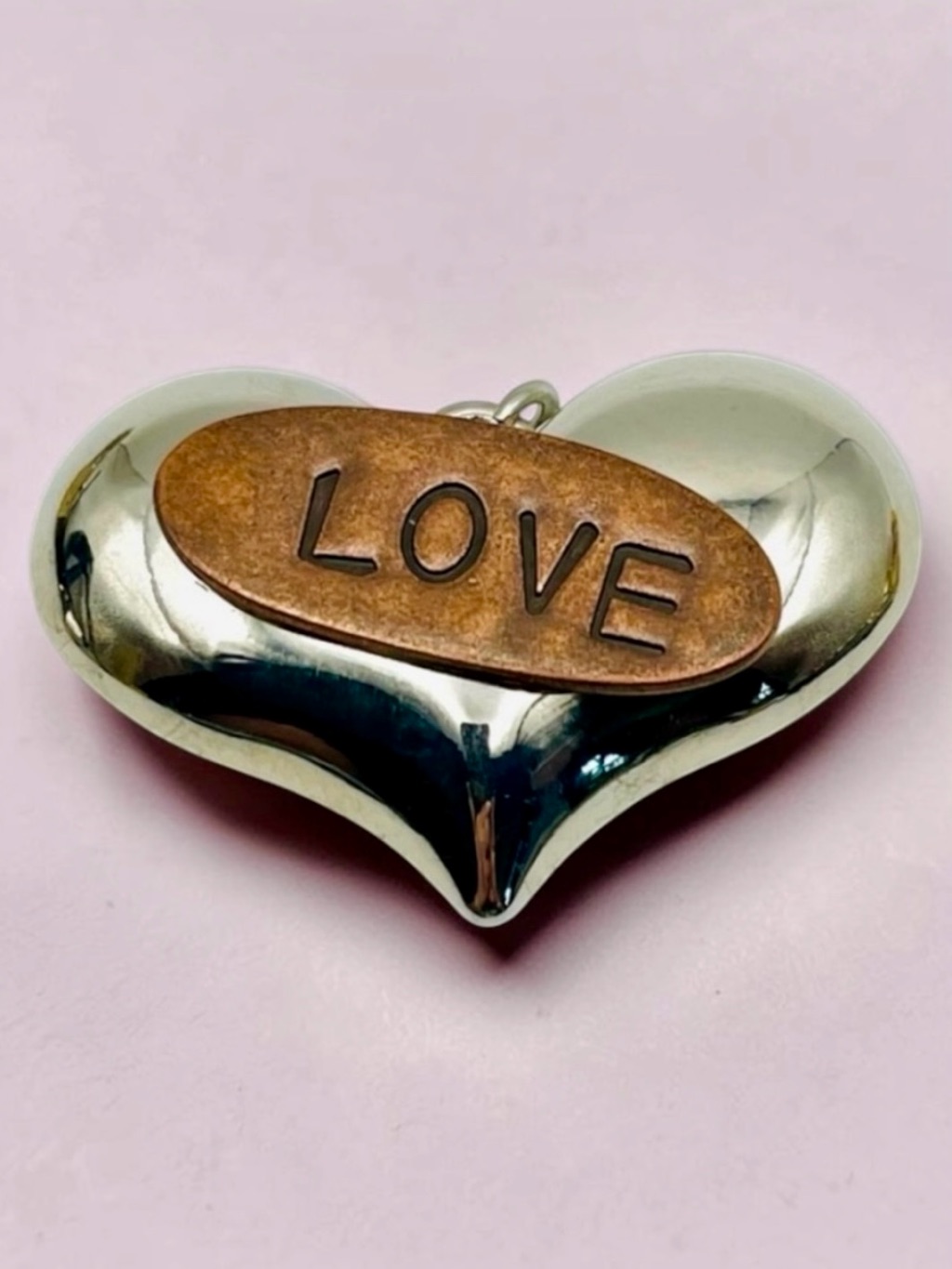 Statement Silver Tone Puffy Heart Pendant With Copper Love Plaque